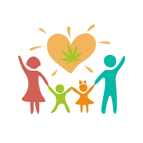cartoon image of a family gathered around a heart and cannabis leaf