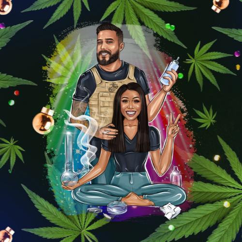 cannabis leafs in christmas theme with the pothead parents logo